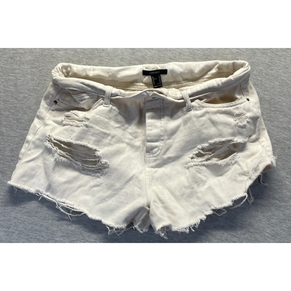 FOREVER 21 Cut Off Shorts Womens 31 Beige Denim Cotton Stretch Raw Hem Distresse